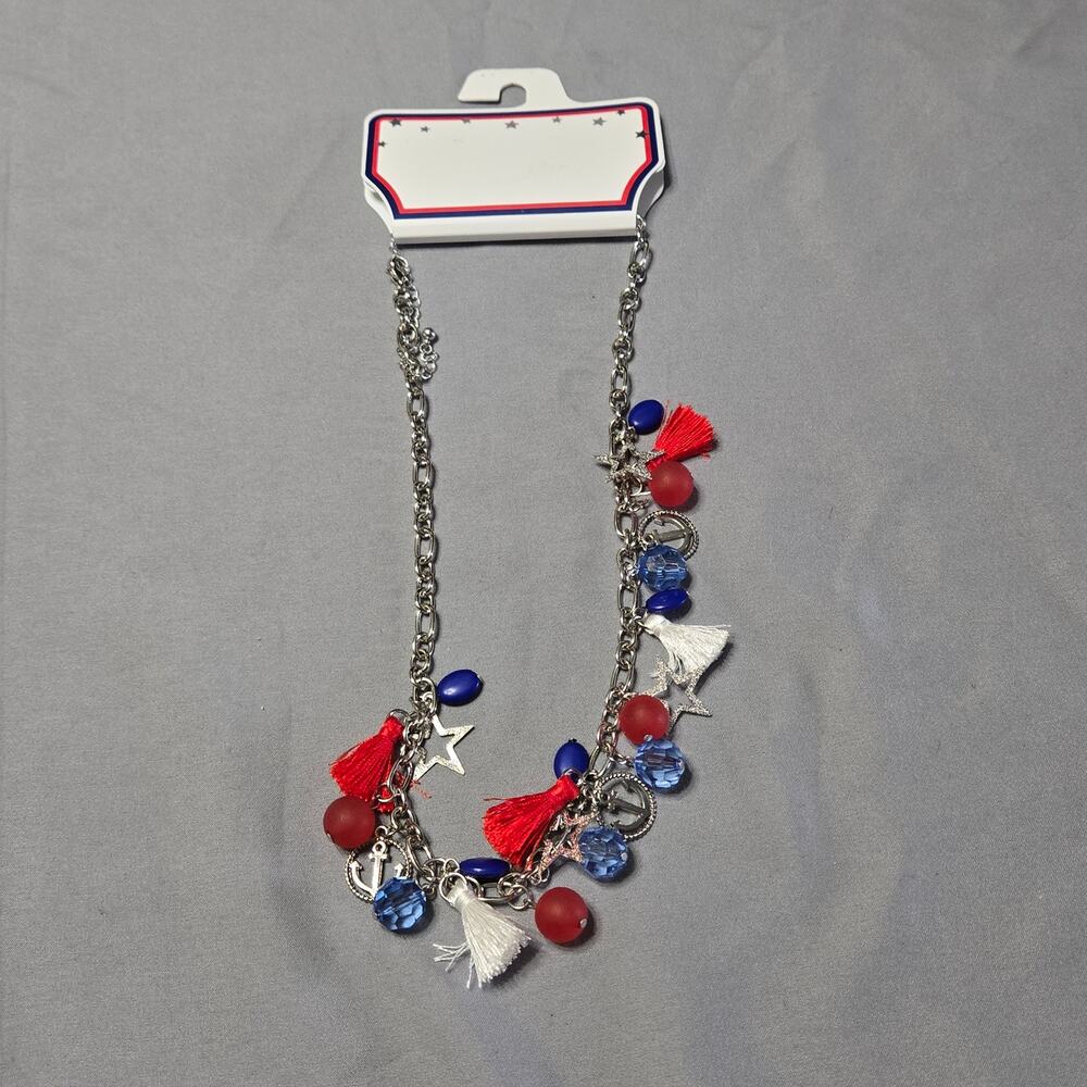 Patriotic Americana Nautical Charm Bracelet Red White & Blue Tassel Star Anchor
